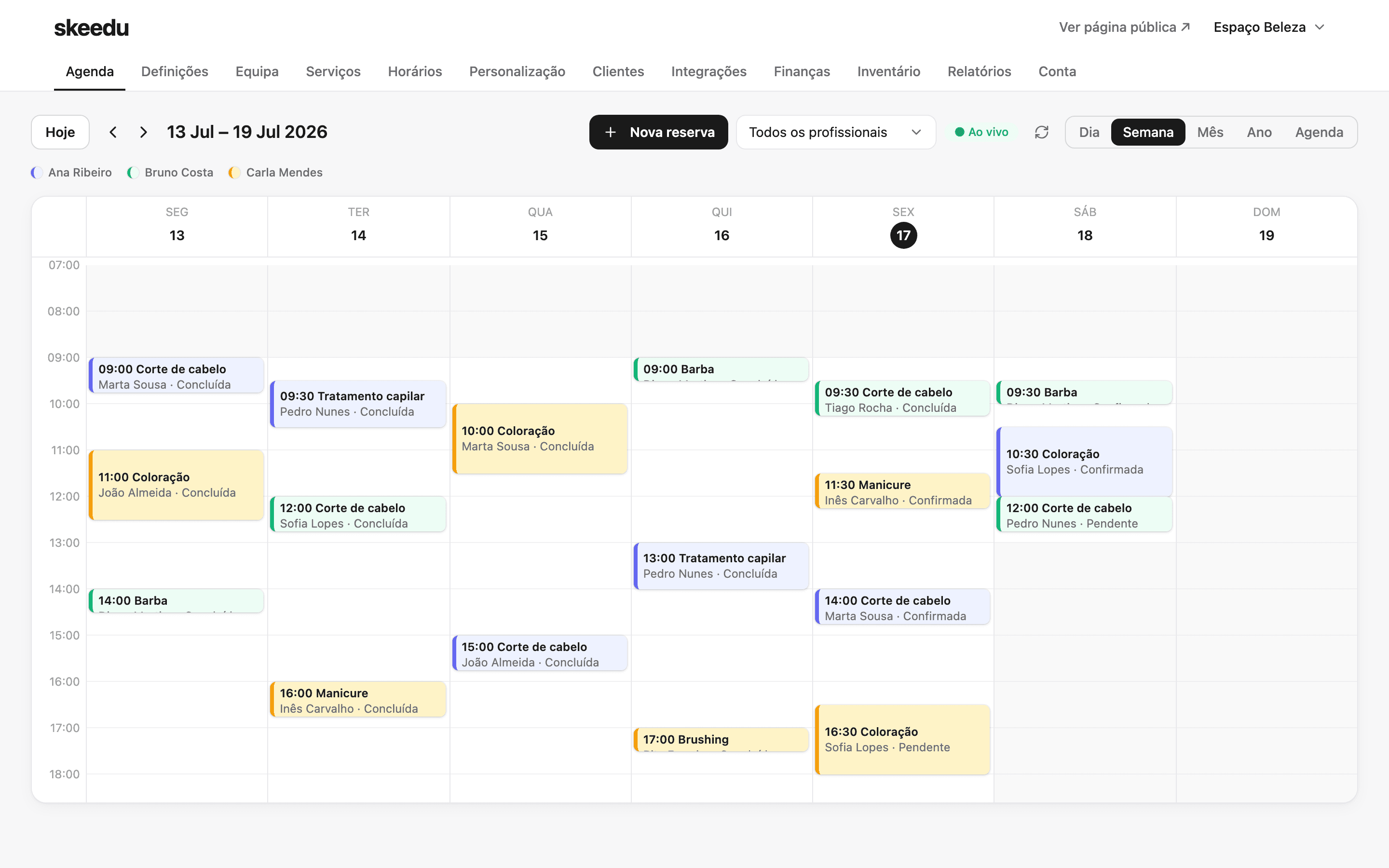 Agenda semanal da skeedu com as reservas do salão.