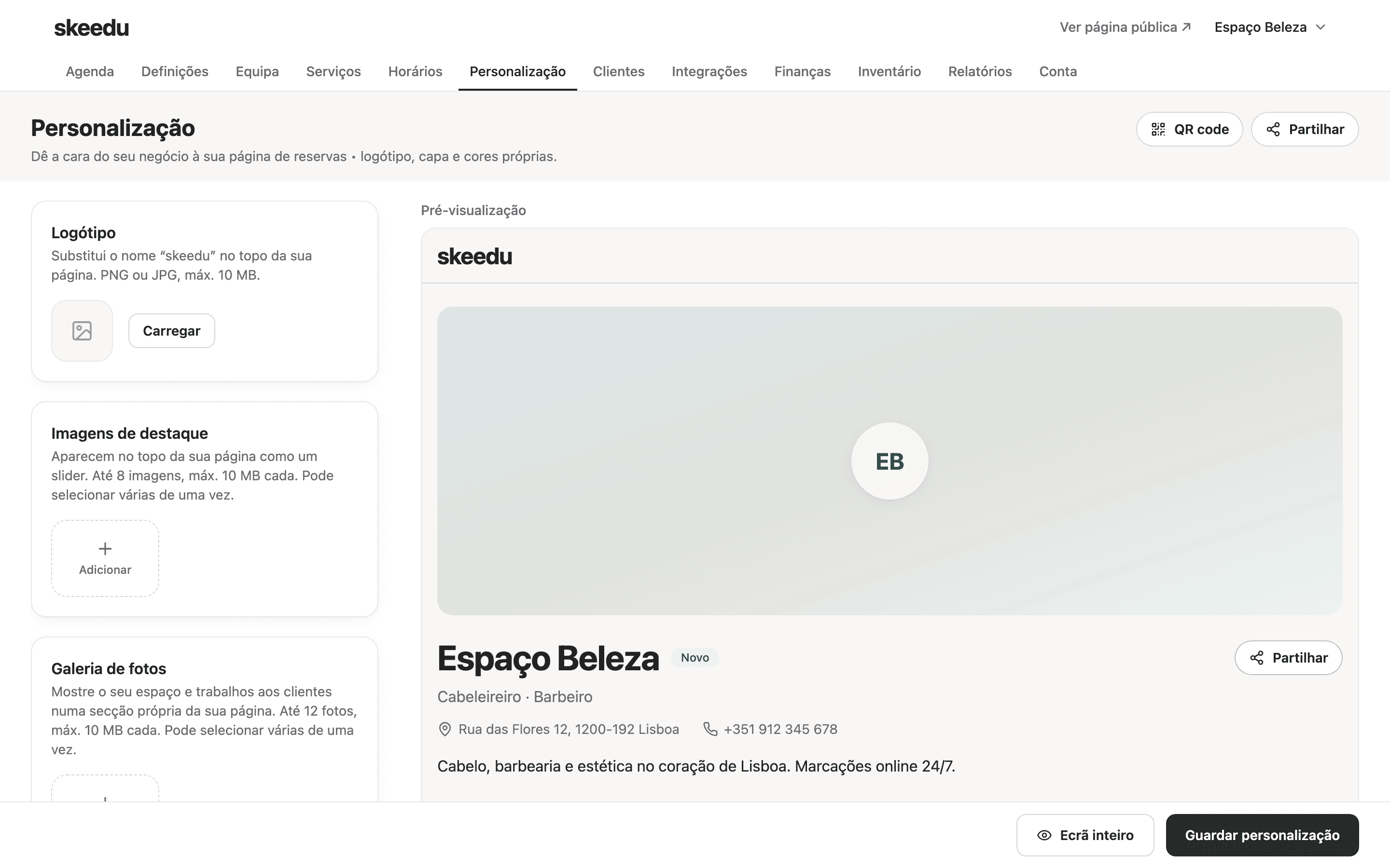Personalização da página pública com a pré-visualização ao lado.
