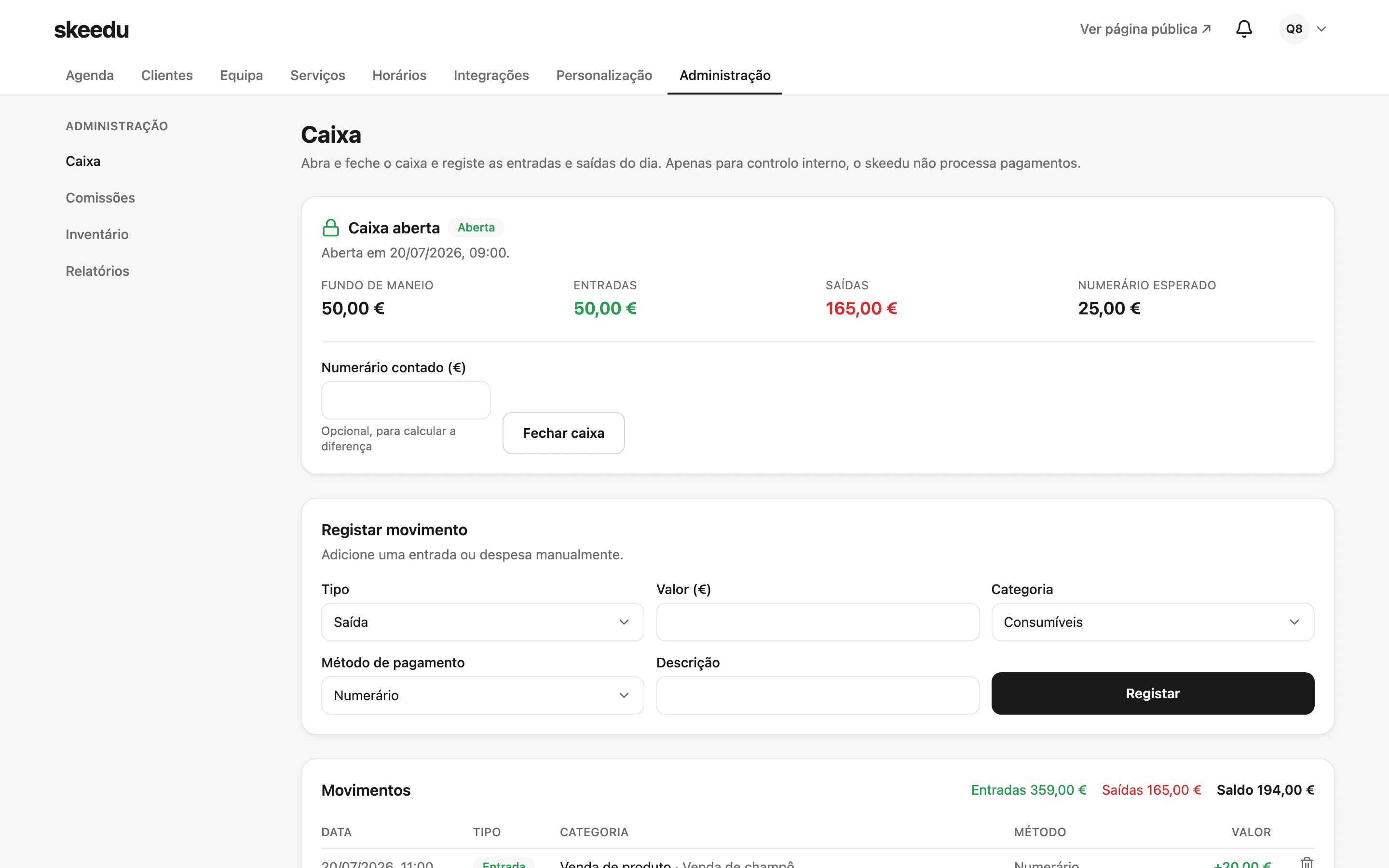 Área de Administração da skeedu: caixa, comissões, inventário e relatórios.