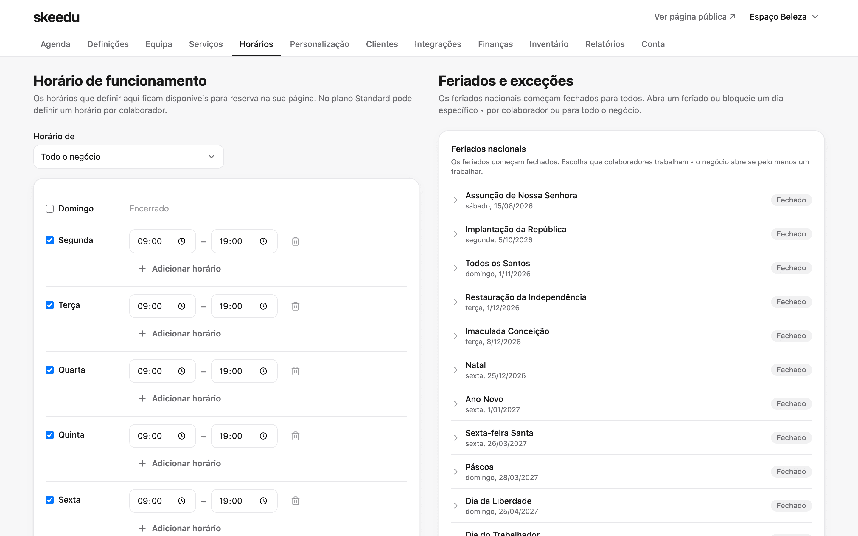 Definição do horário de funcionamento na área de gestão da skeedu.