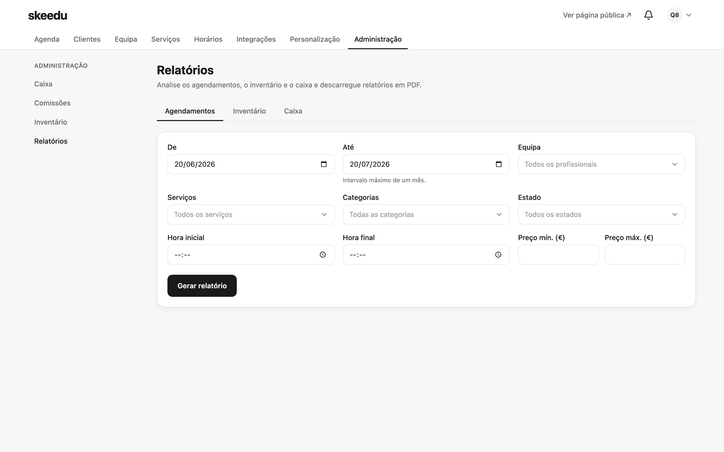 Relatórios de agendamentos com filtros na skeedu.